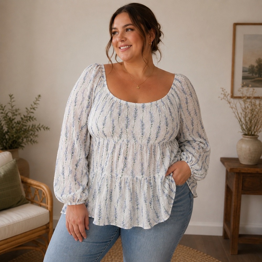 Arula Lavender Floral Plisse Blouse Womens 1X White Cottagecore Balloon Sleeve